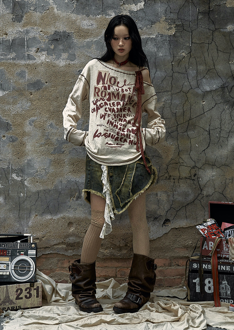 Retro Wasteland Lazy <tc>Style</tc> Tie Lace Print Los T-shirt met lange mouwen NOR0086