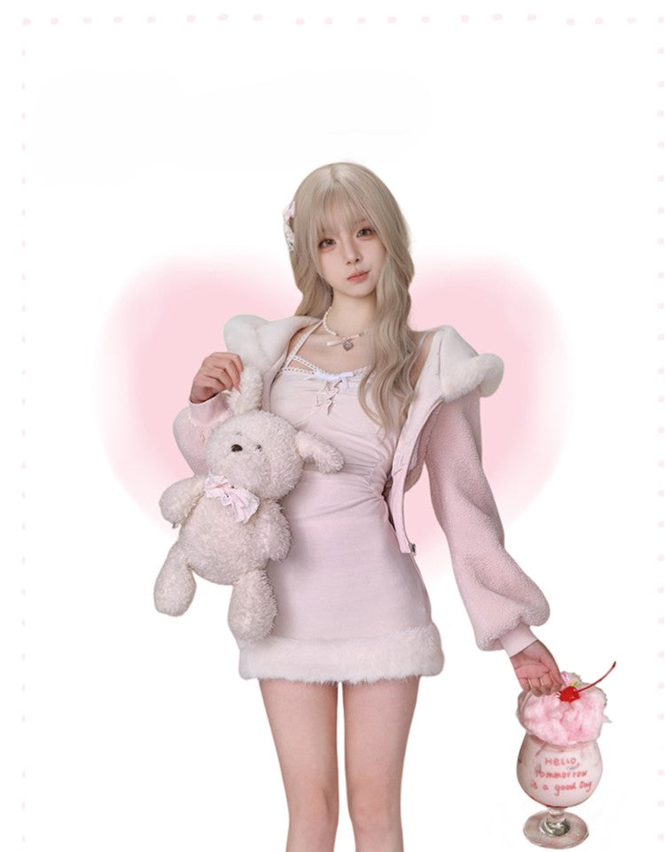 Peach Warm Lambswool Hooded Jacket/Pink Dress SER0107