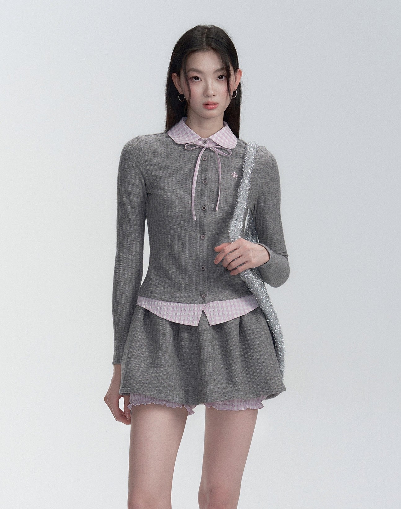 Pink And Gray Plaid Fake Two-Piece Sweater/Shorts FRA0280