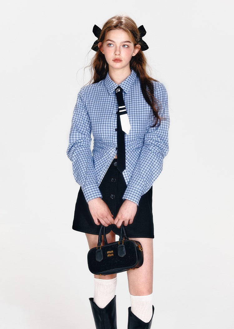 Blue Plaid Waist Shirt/Decorative Button Skirt/Vest BOH0060