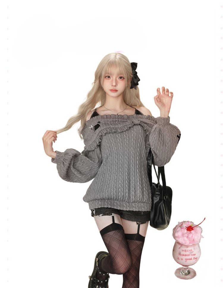 One Shoulder Knitted Sweater/Short Leopard Shorts SER0103