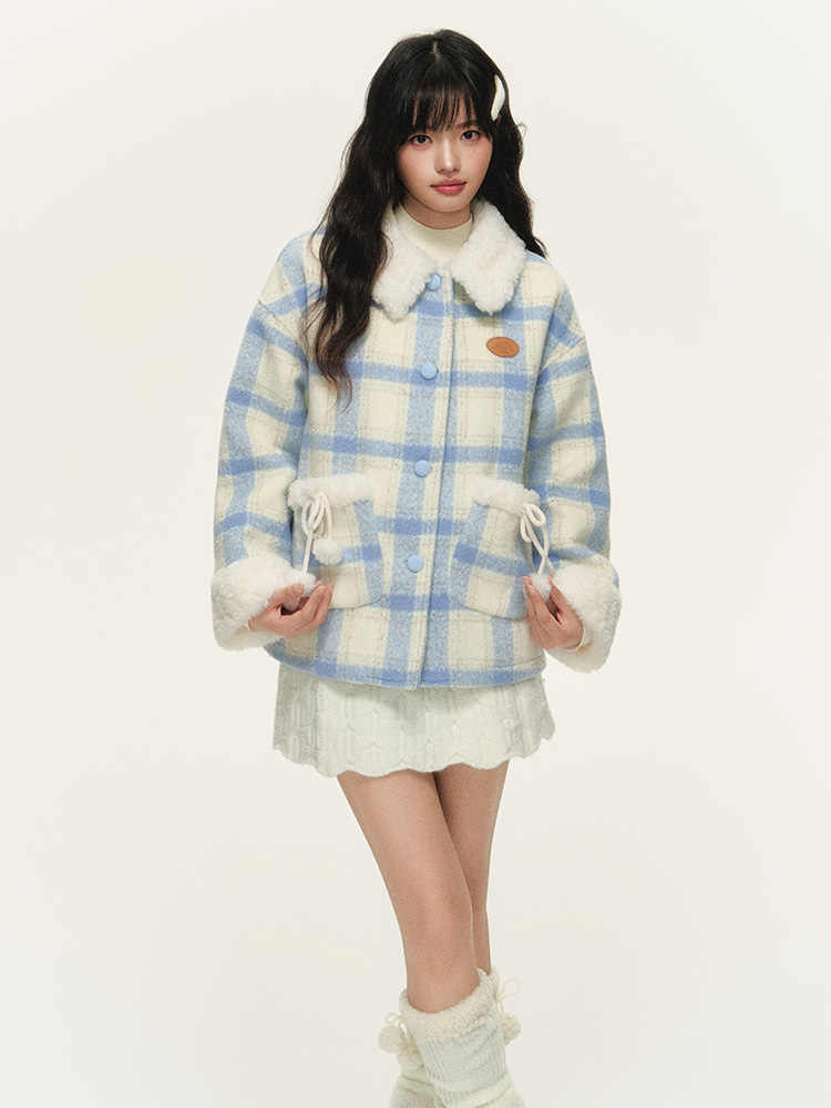 Lined quilted plaid jacket with fur collar and pocket design NTO0156