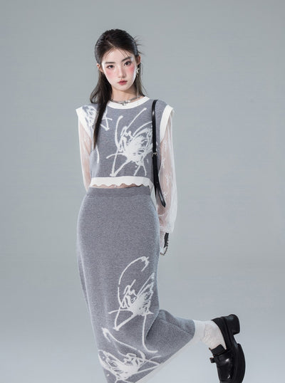 Flower White Light Gray Gradient Butterfly Wool Sweater Vest/Skirt COT0156