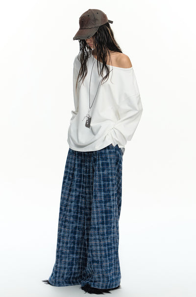 Loose Wide-leg Blue Gradient Plaid Pants WES0200