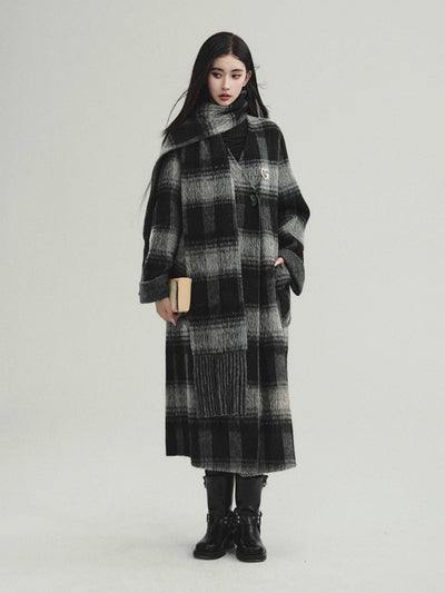 Lamb-wool blend retro plaid collarless coat and scarf FRA0213