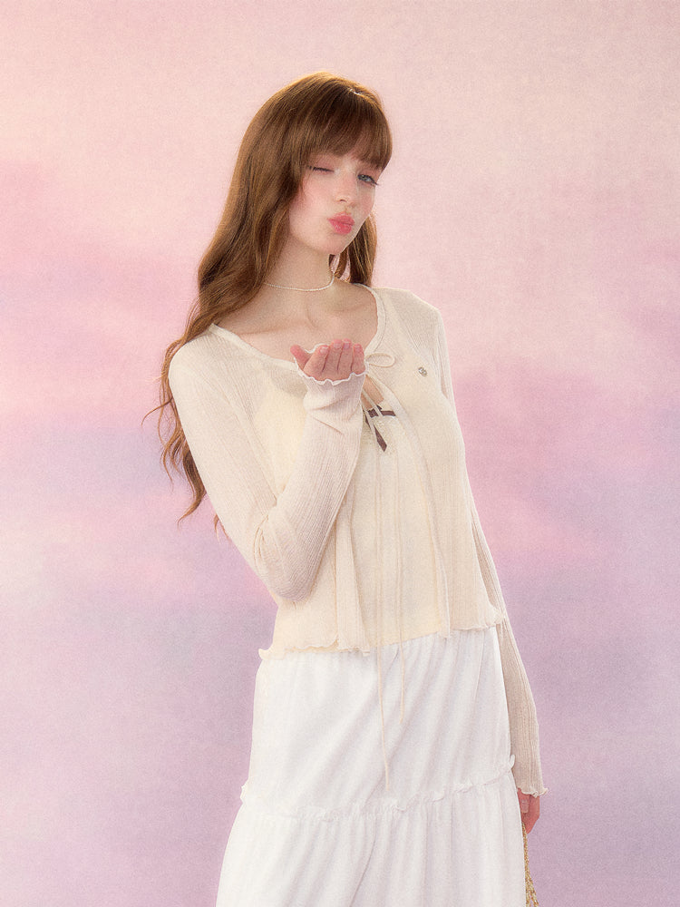 Natural color ribbon sheer slim cardigan SPE0046