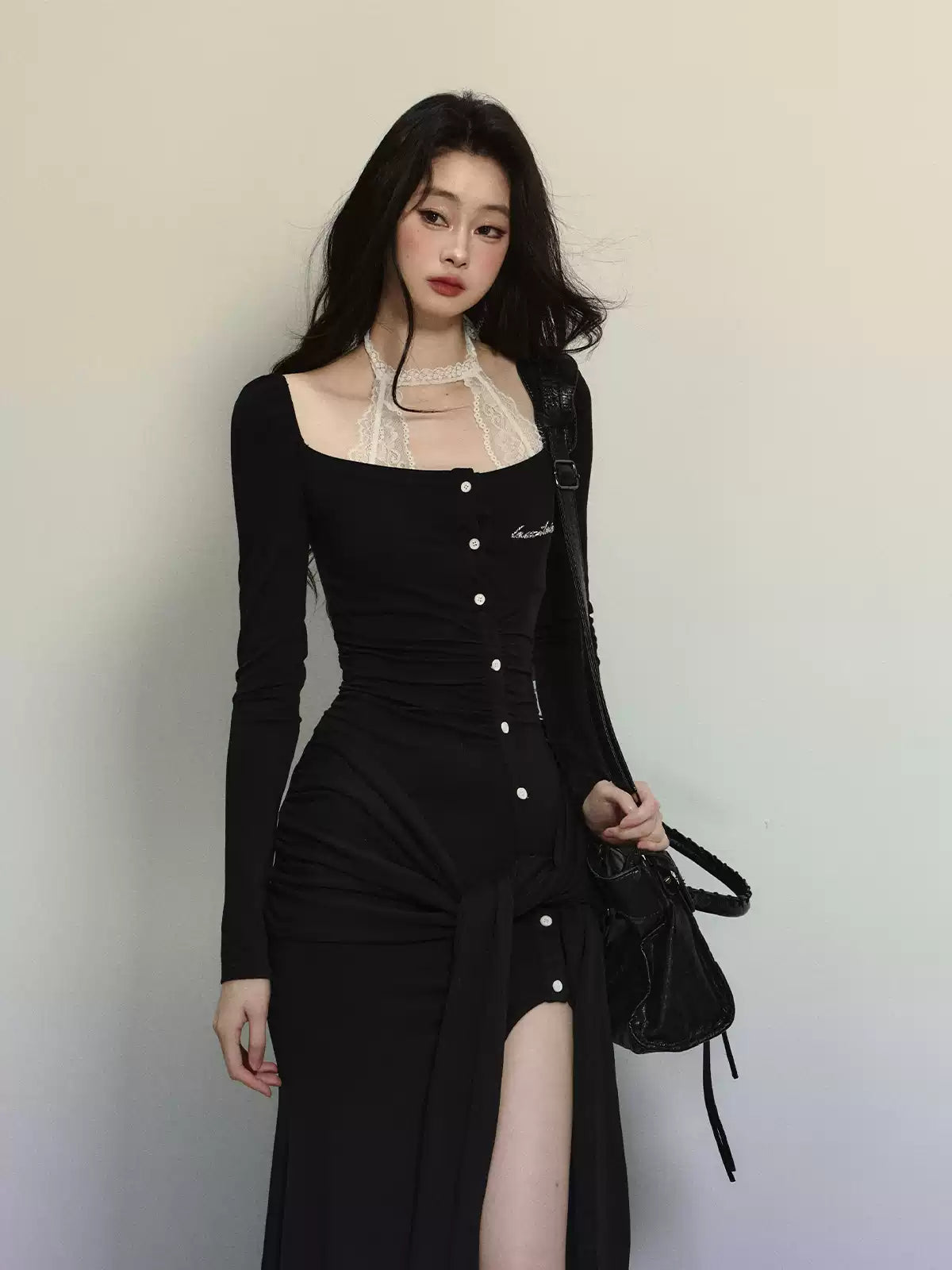 Fake Two-piece Knitted Slit Long Dress DIA0301