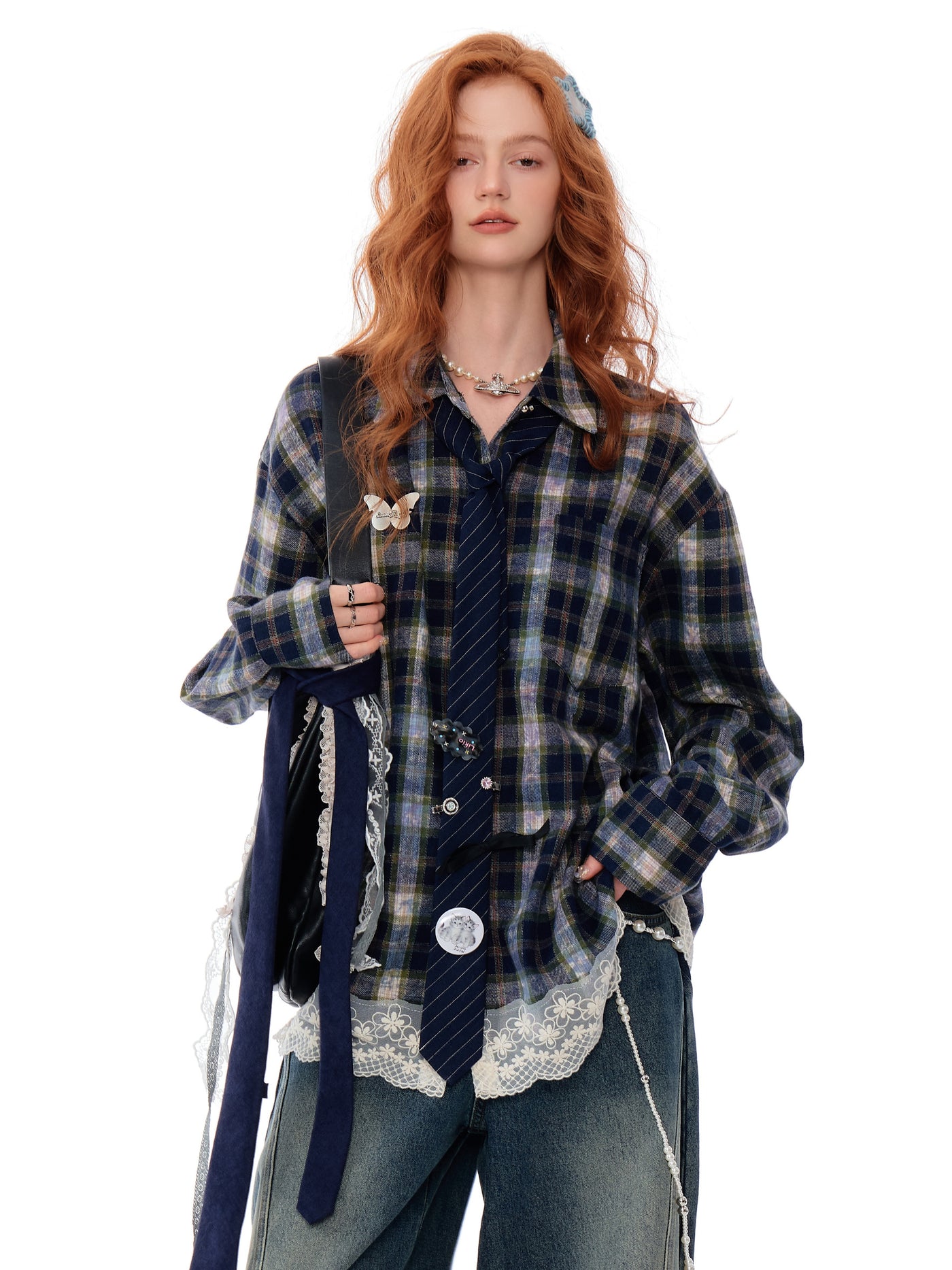 American Design Lace Splicing Plaid Loose Blue Plaid Shirt ZIZ0171