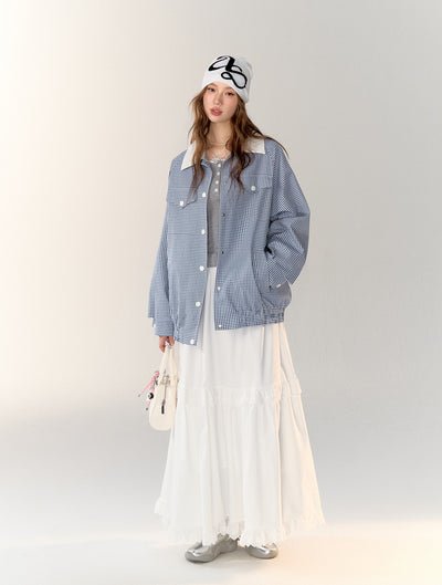 체크 무늬 <tc>Jacket</tc>/롱스커트/슬리브리스탑 ASG0005