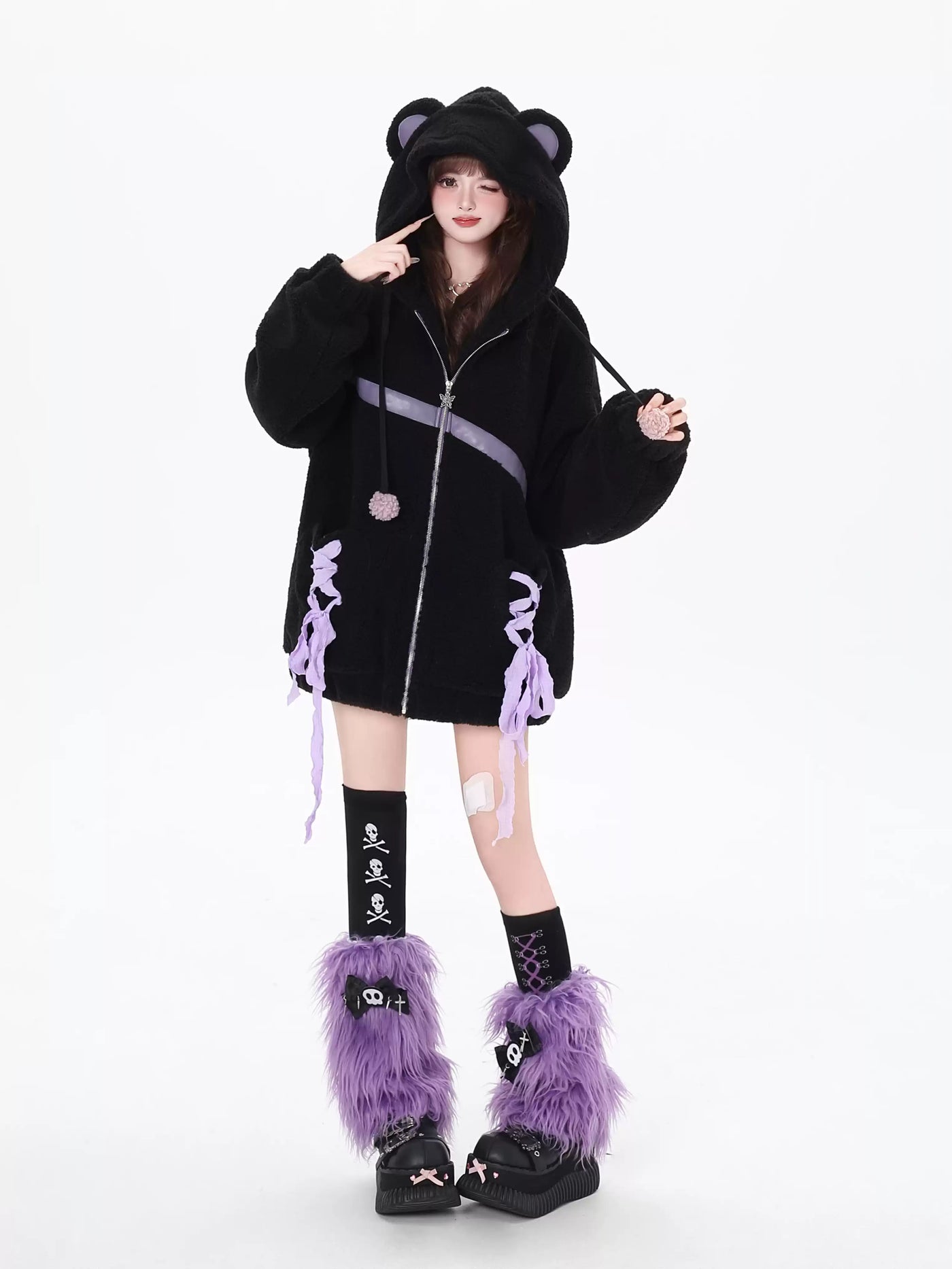 Purple ribbon design thick cotton loose jacket with bear ears hood CRA0089