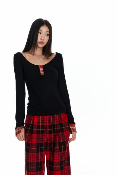 Plaid Patchwork Long-sleeved T-shirt 4MU0088