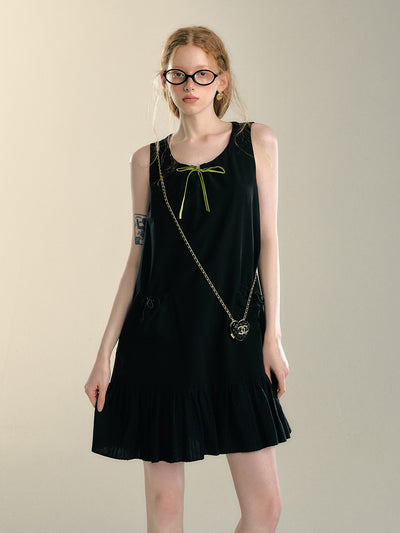 Holiday Style Contrast Bow Waist Drawstring Black Vest Dress SOM0093