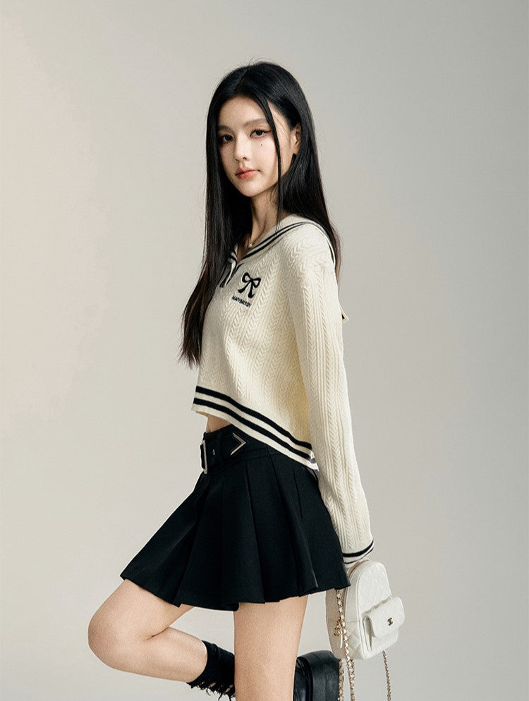 Large Lapel Short Cable Knit Sweater MAC0089