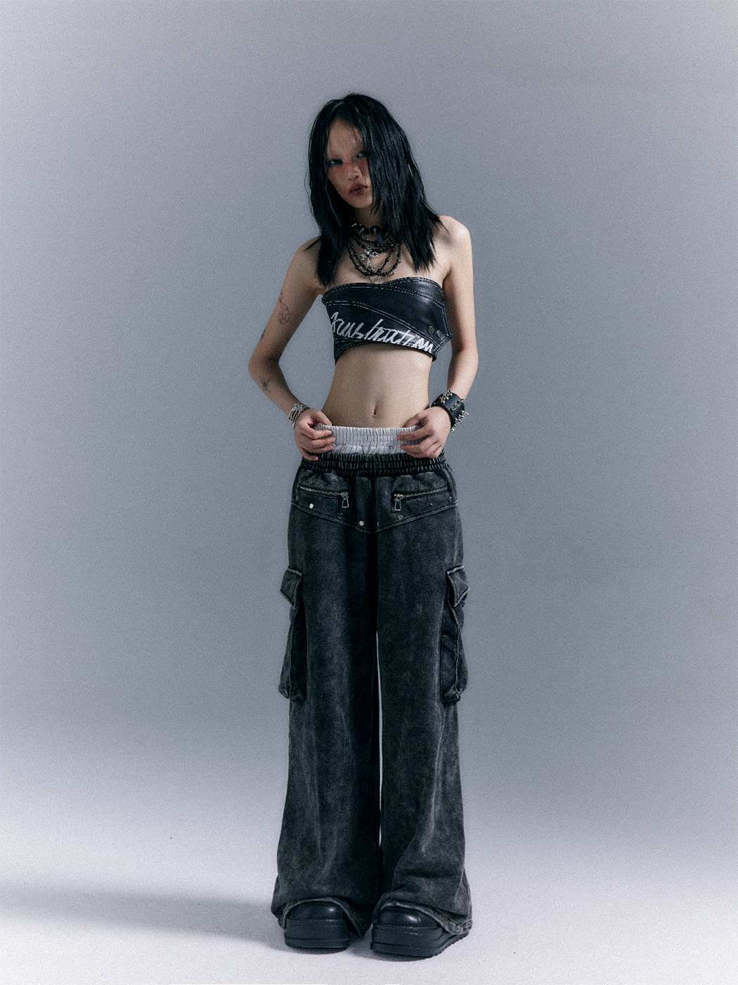 Street Punk Washed 3D Pocket Double Waist Wide Leg Sweatpants FRU0065