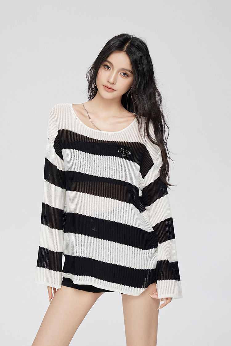 Black And White Striped Lazy Design Loose Sweater MAC0080