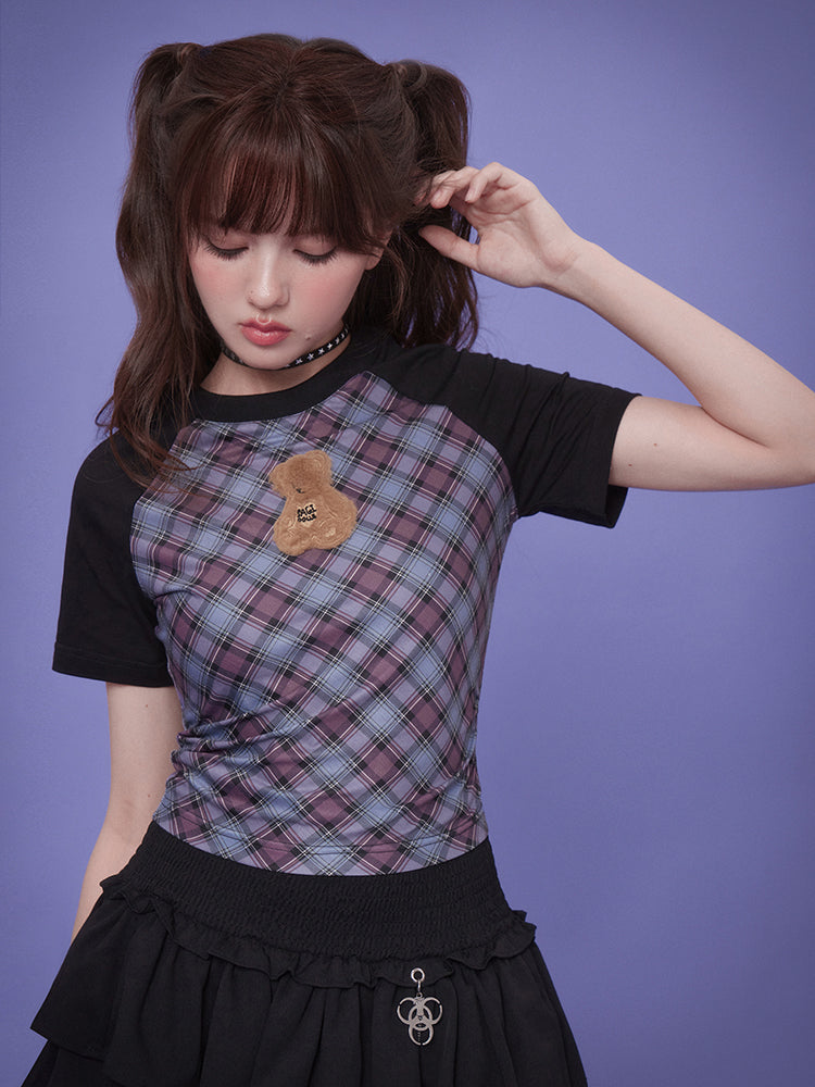 Plush bear design raglan checkered slim T-shirt SAG0148