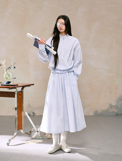 Round Neck Striped Shirt/Half-length Umbrella Skirt LAL0105