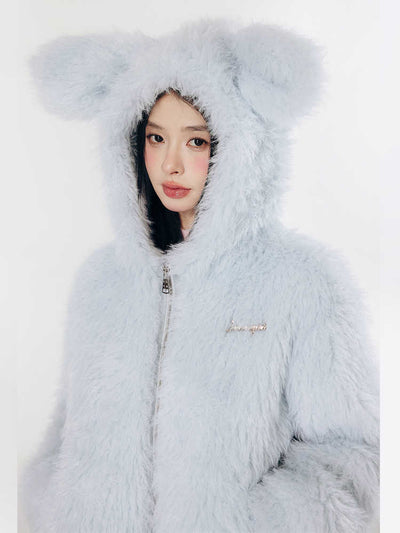 Long imitation fur jacket with rabbit ears hood LAC0250