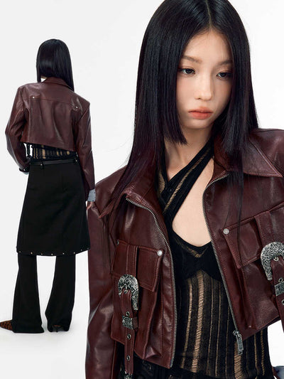 Short length leather motorcycle jacket with belt pocket design WOO0114