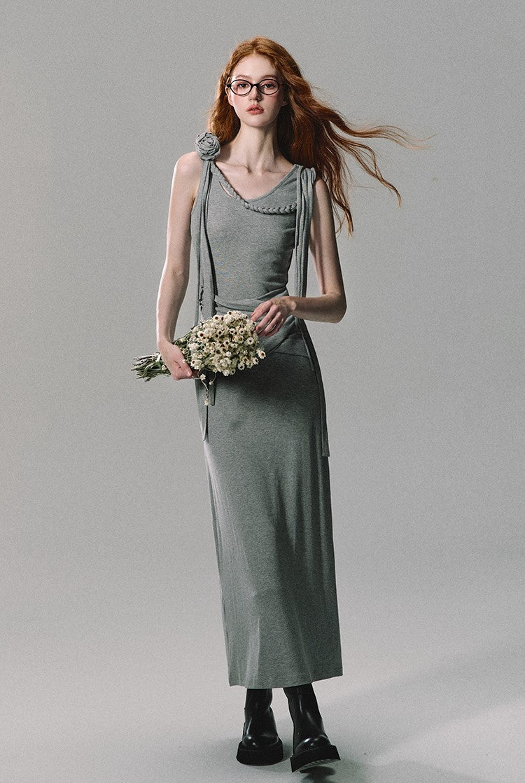 Gray Three-dimensional Flower Sculpture Long Dress OAK0238