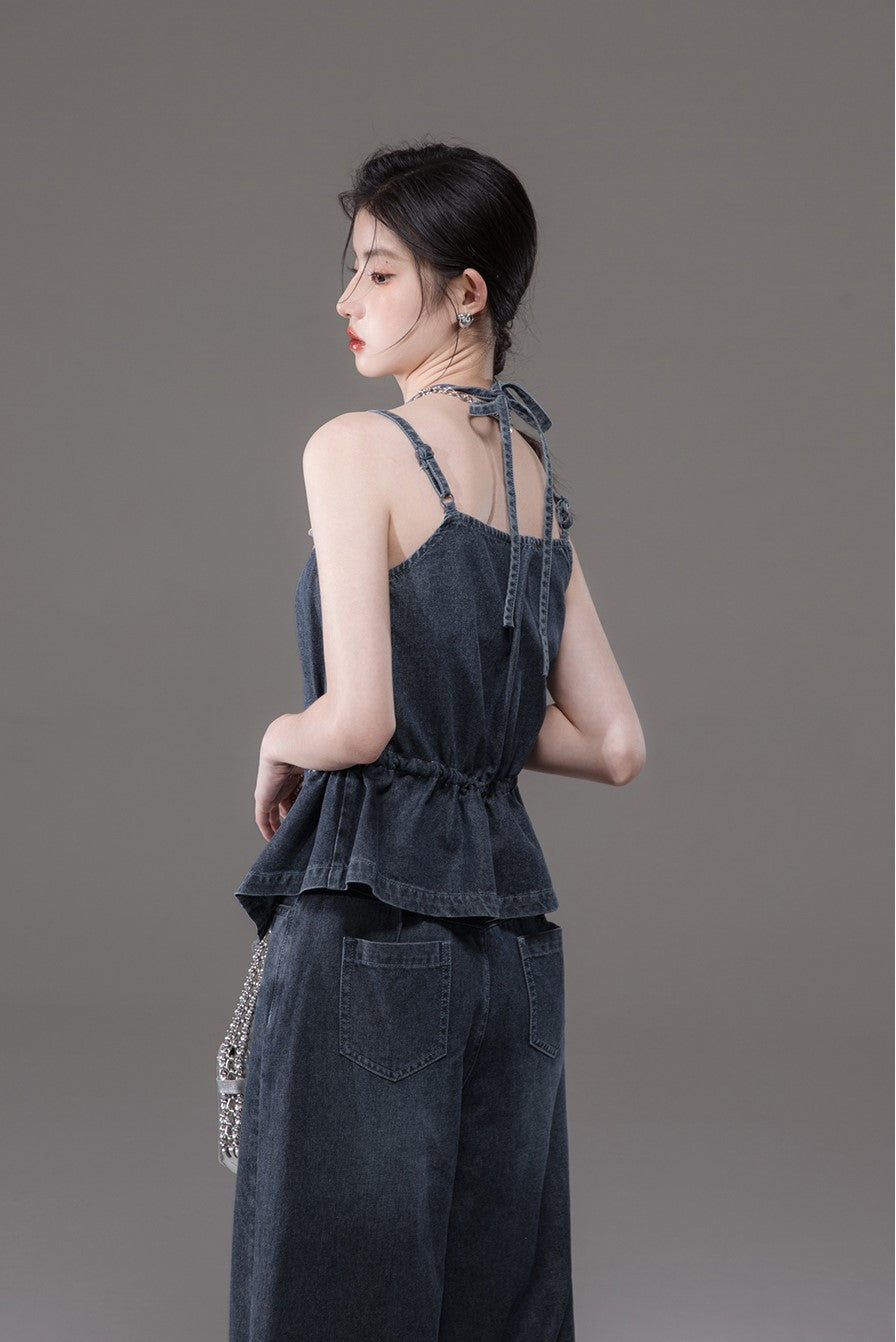 Blue Double Sling V-neck Lace Waist Slimming Denim Camisole/Jeans COT0130