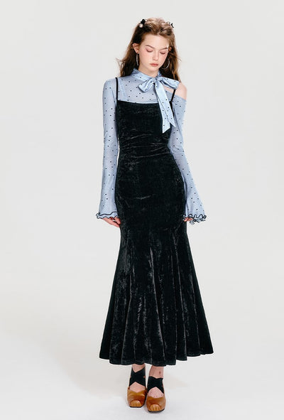 Off-shoulder Velvet Fake Two-piece Fishtail Dress BOH0052