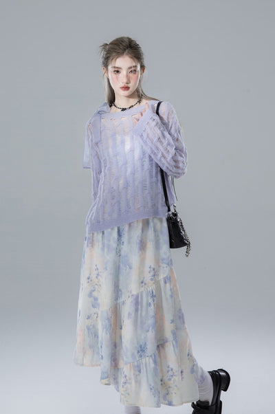 Watercolor Blue Flower Drape Print Suspender Dress COT0146