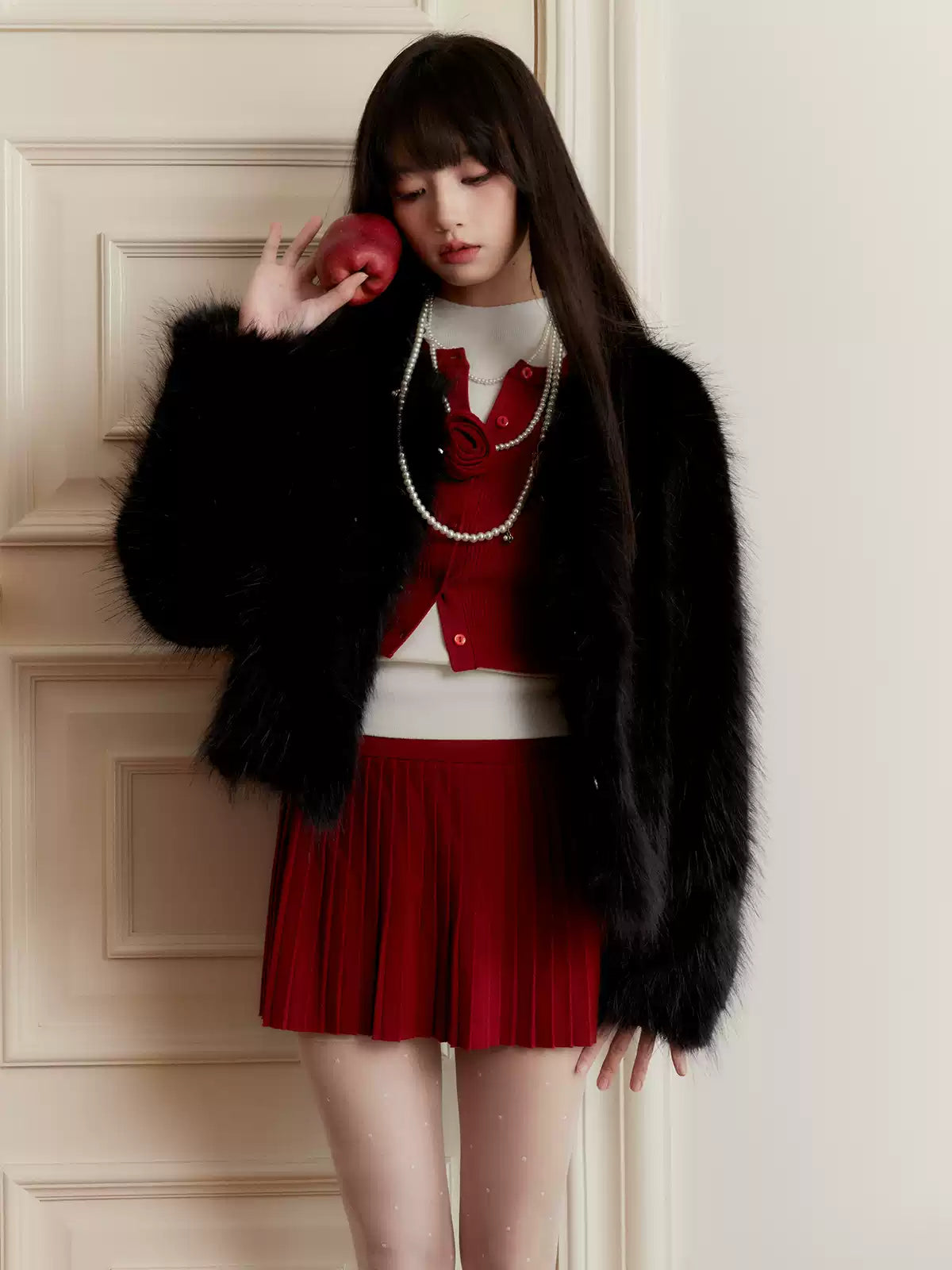 Red Knitted Cardigan/Skirt/Off-white Vest FRA0269