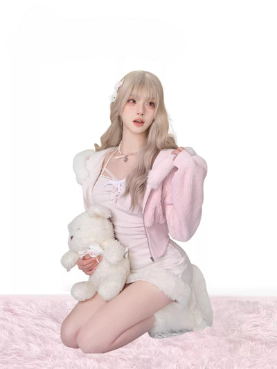 Peach Warm Lambswool Hooded Jacket/Pink Dress SER0107