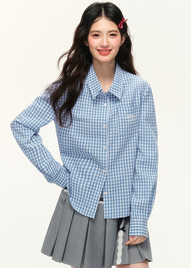 Multi-color Straight Shoulder Plaid Bow Embroidery Long-sleeved Shirt NTO0119