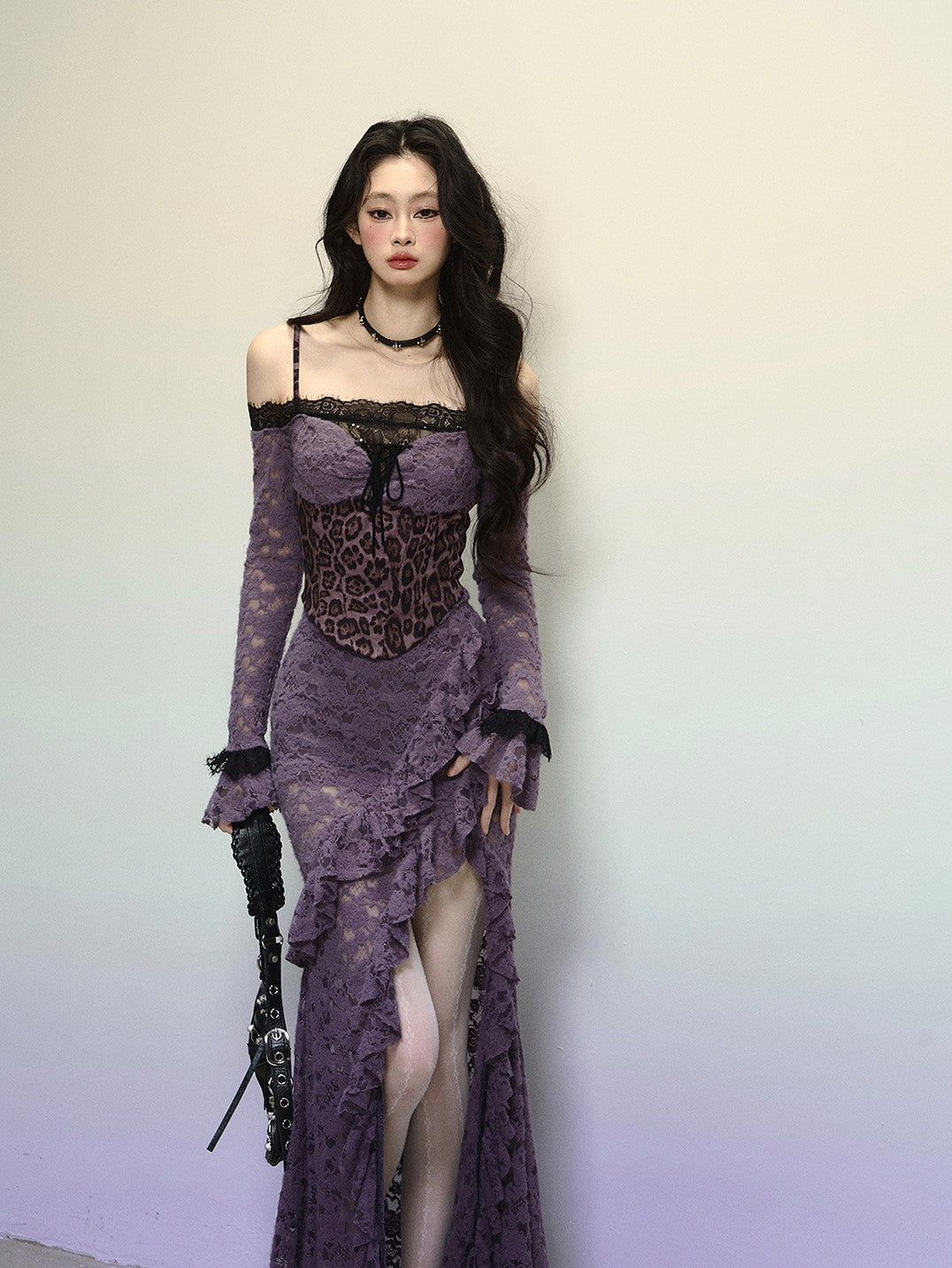 Purple Lace Leopard Print Long Dress DIA0316