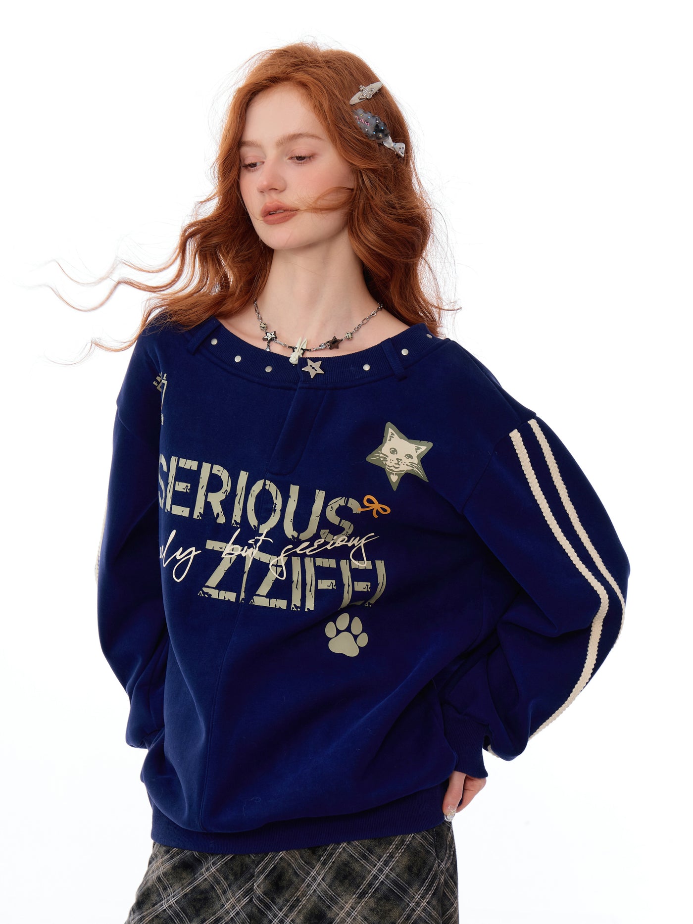 American Style One Shoulder Loose Letter Print Sweatshirt ZIZ0174