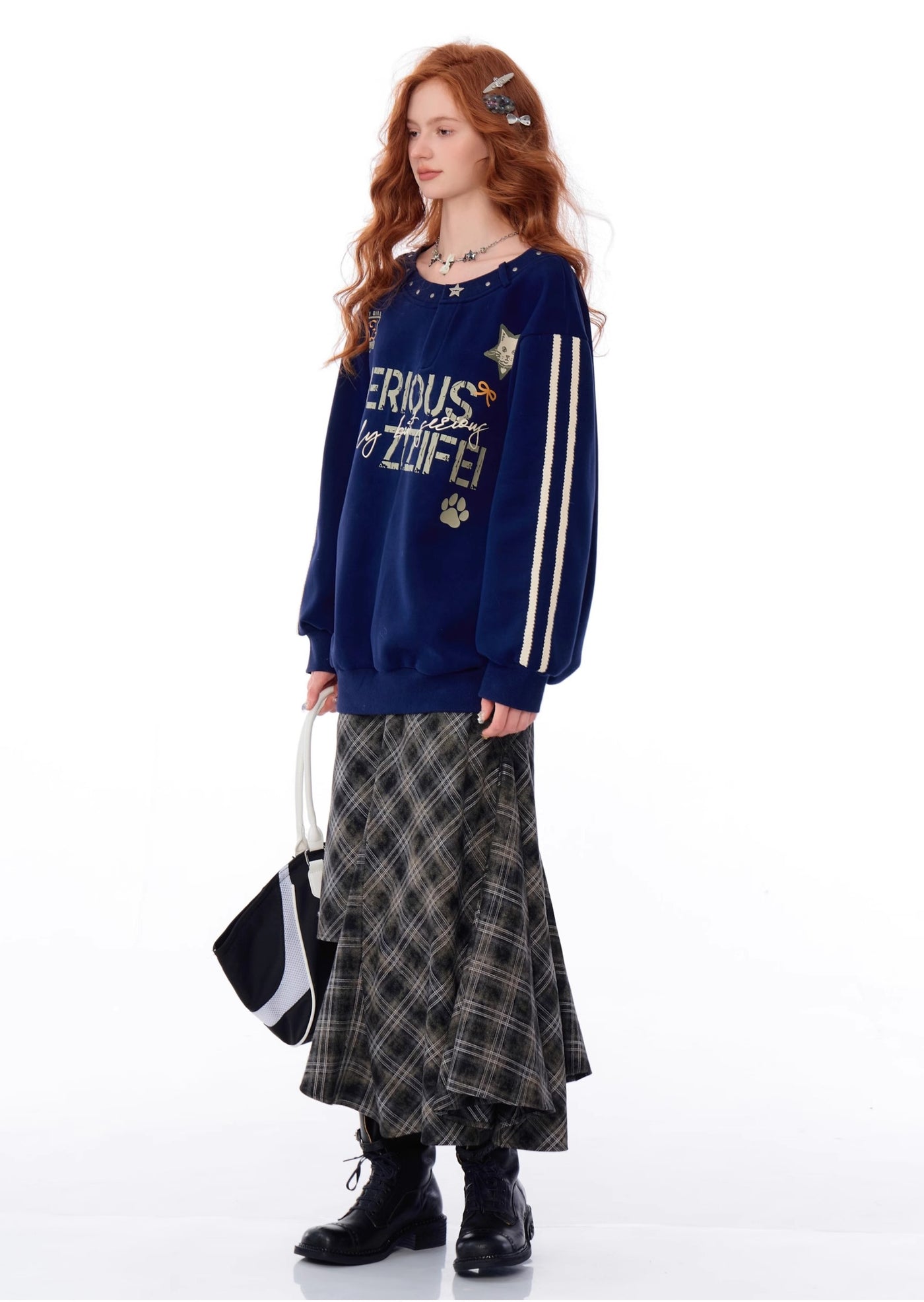 American Style One Shoulder Loose Letter Print Sweatshirt ZIZ0174