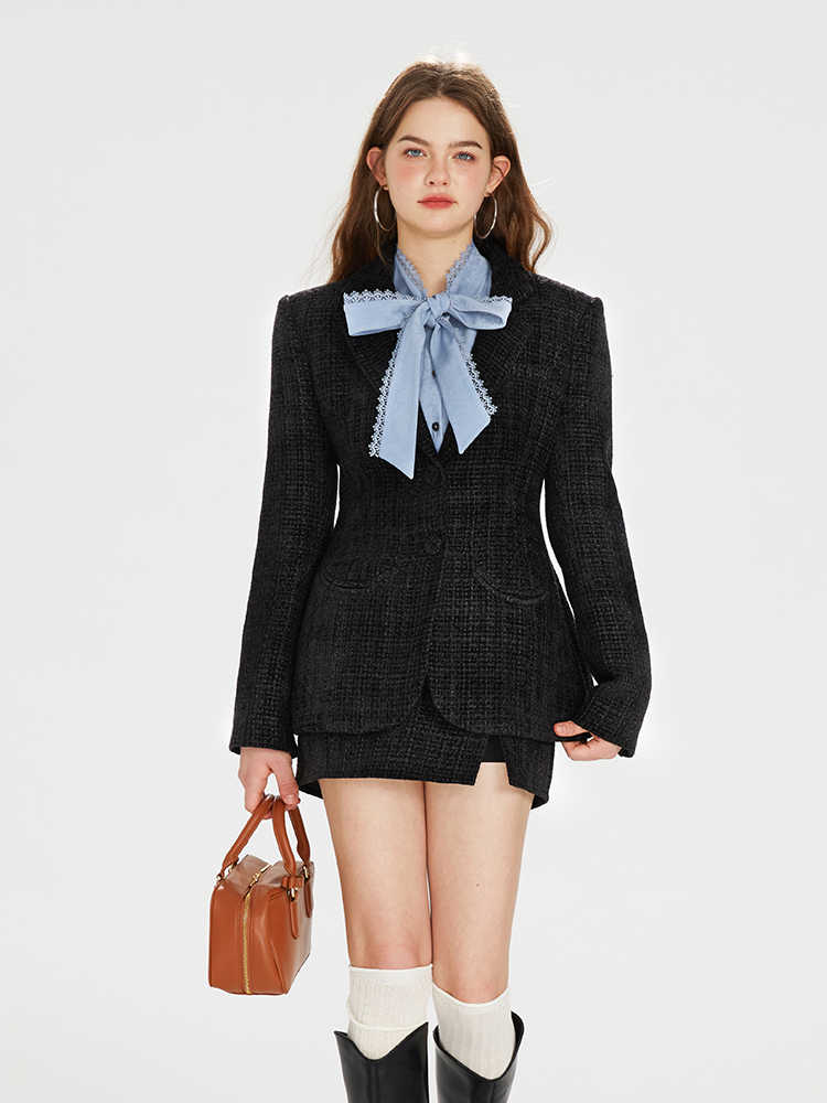 Tweed Slim Suit Jacket & Big Ribbon Ruffle Blue Shirt & Side Slit Mini Skirt BOH0065