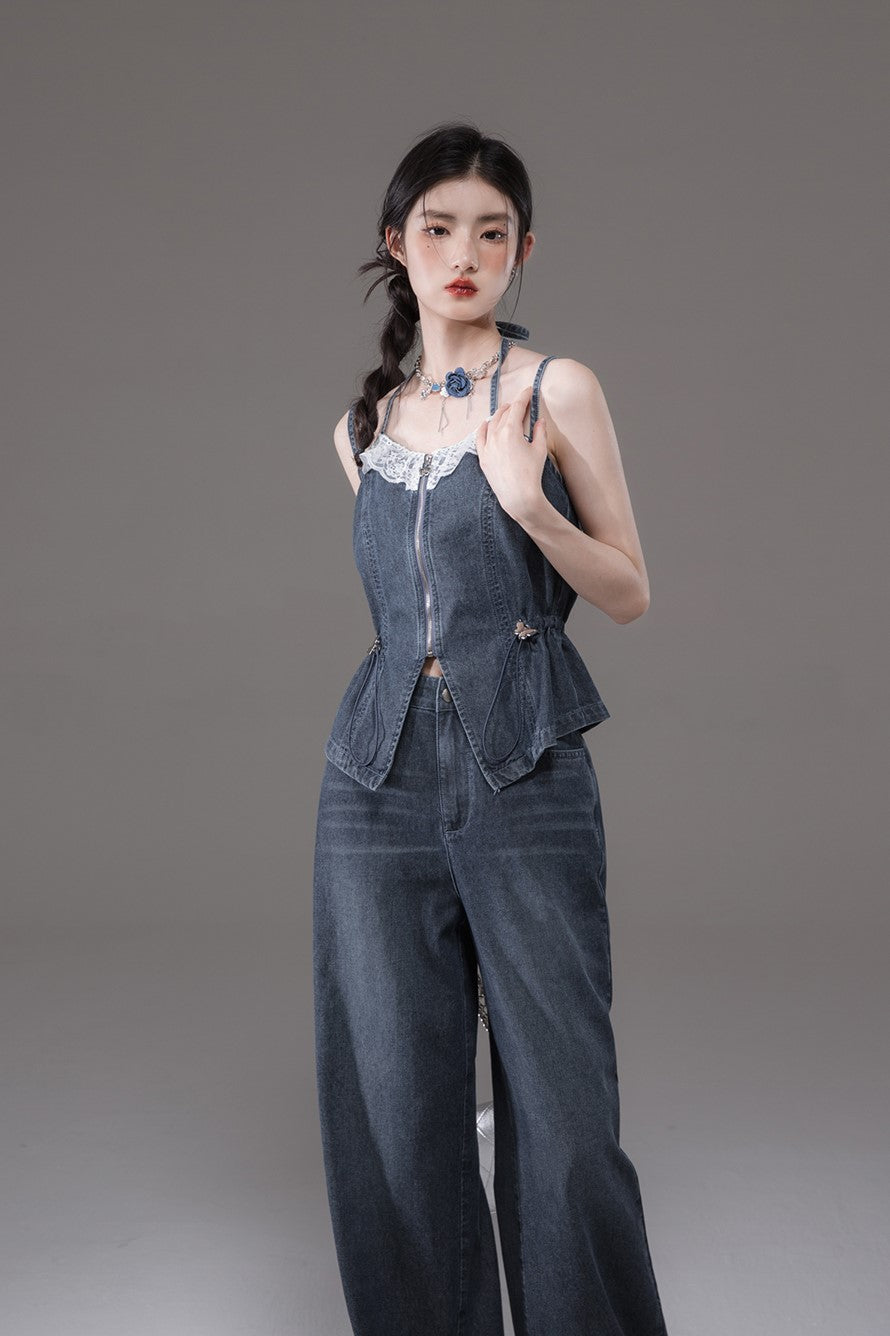 Blue Double Sling V-neck Lace Waist Slimming Denim Camisole/Jeans COT0130