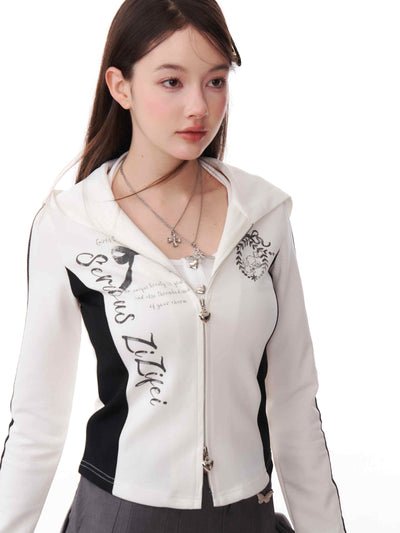 American Retro Print Double Zip Slim Hoodie Top ZIZ0167