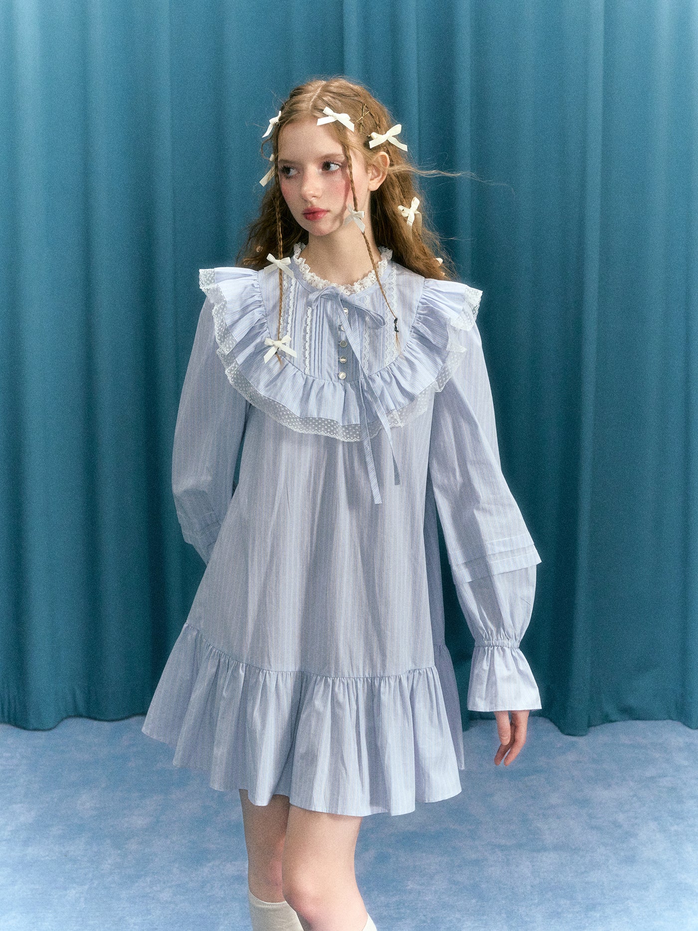 Blue Vertical Stripes Bow Ruffled Stand Collar Lace Long Sleeve Dress NAR0045