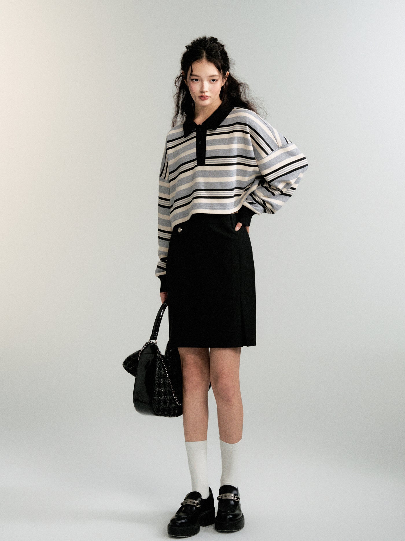 Contrast color striped long sleeve polo top LUL0085