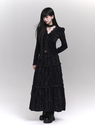 Black Velvet Top/Pleated Long Skirt LAD0125