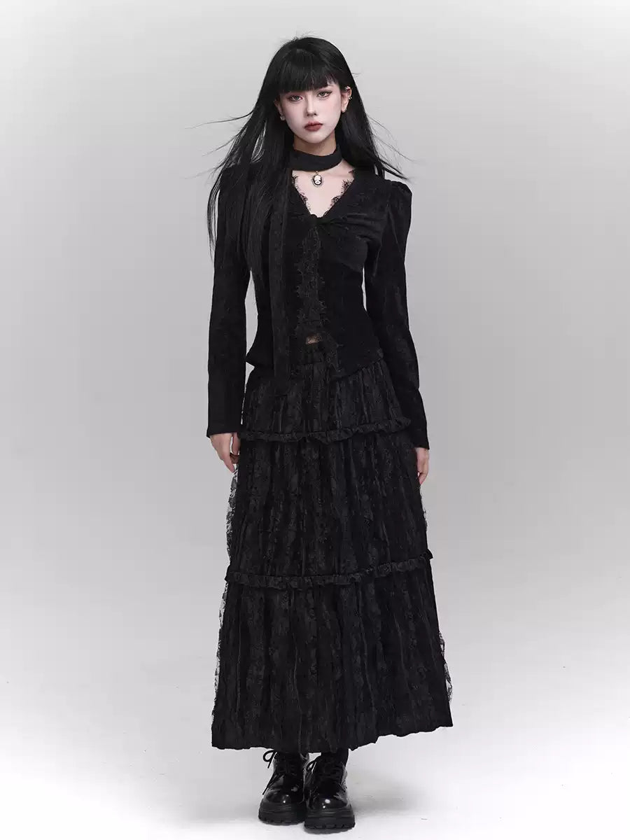 Black Velvet Top/Pleated Long Skirt LAD0125