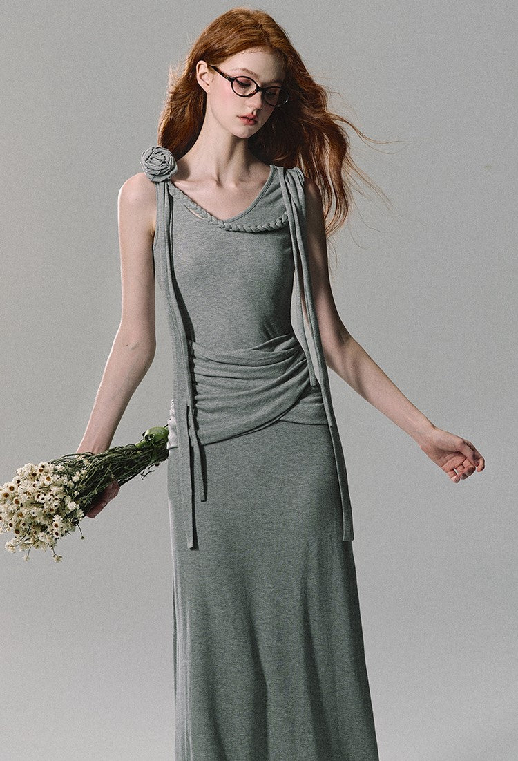 Gray Three-dimensional Flower Sculpture Long Dress OAK0238