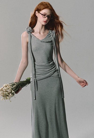 Gray Three-dimensional Flower Sculpture Long Dress OAK0238