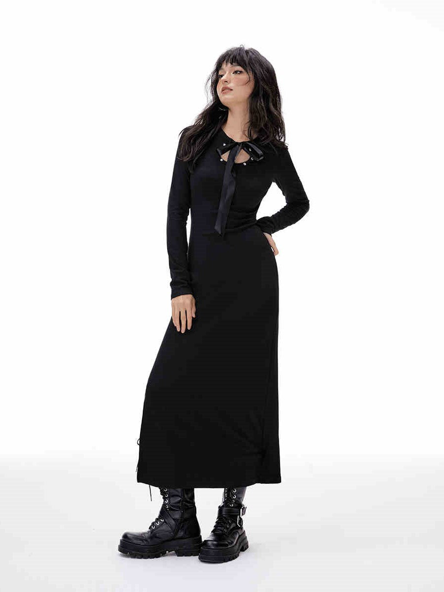 Tie Neckline Waist Slimming Split Fleece Long Knitted Dress IMO0063