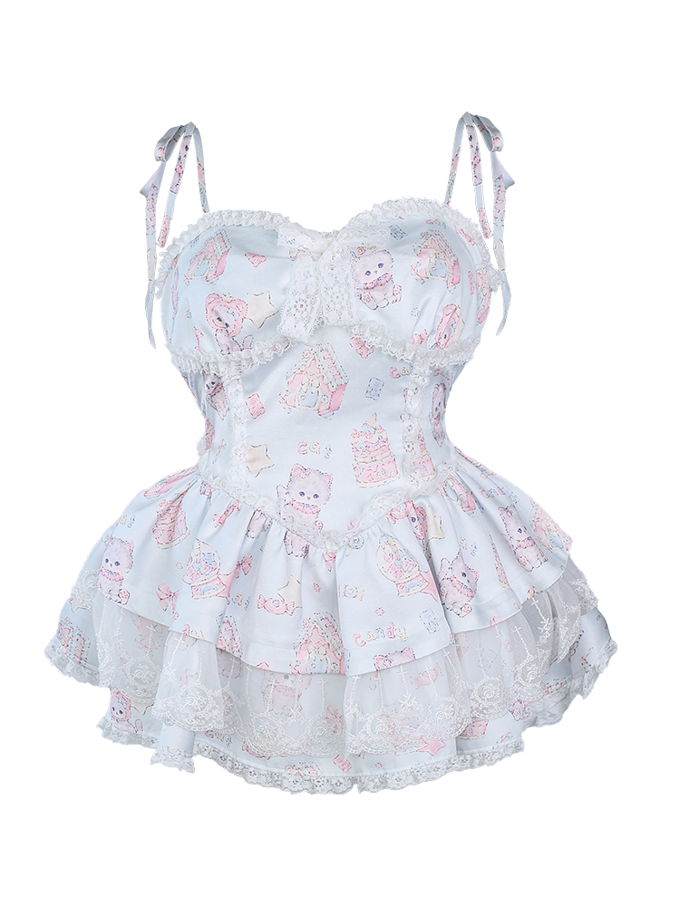 Fancy Cat Print Lace Girly Dress & Balloon Panties SER0027