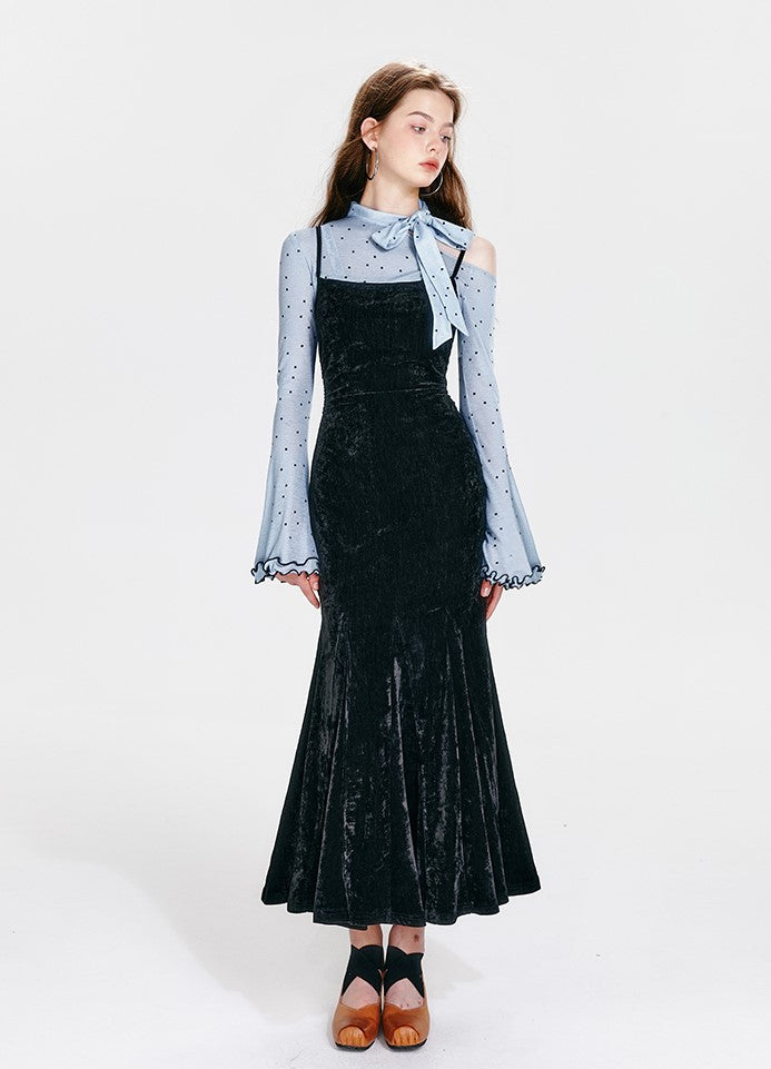 Off-shoulder Velvet Fake Two-piece Fishtail Dress BOH0052