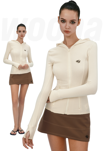 Slim Hoodie Top with Ribbed Knit Zip Design WOO0123