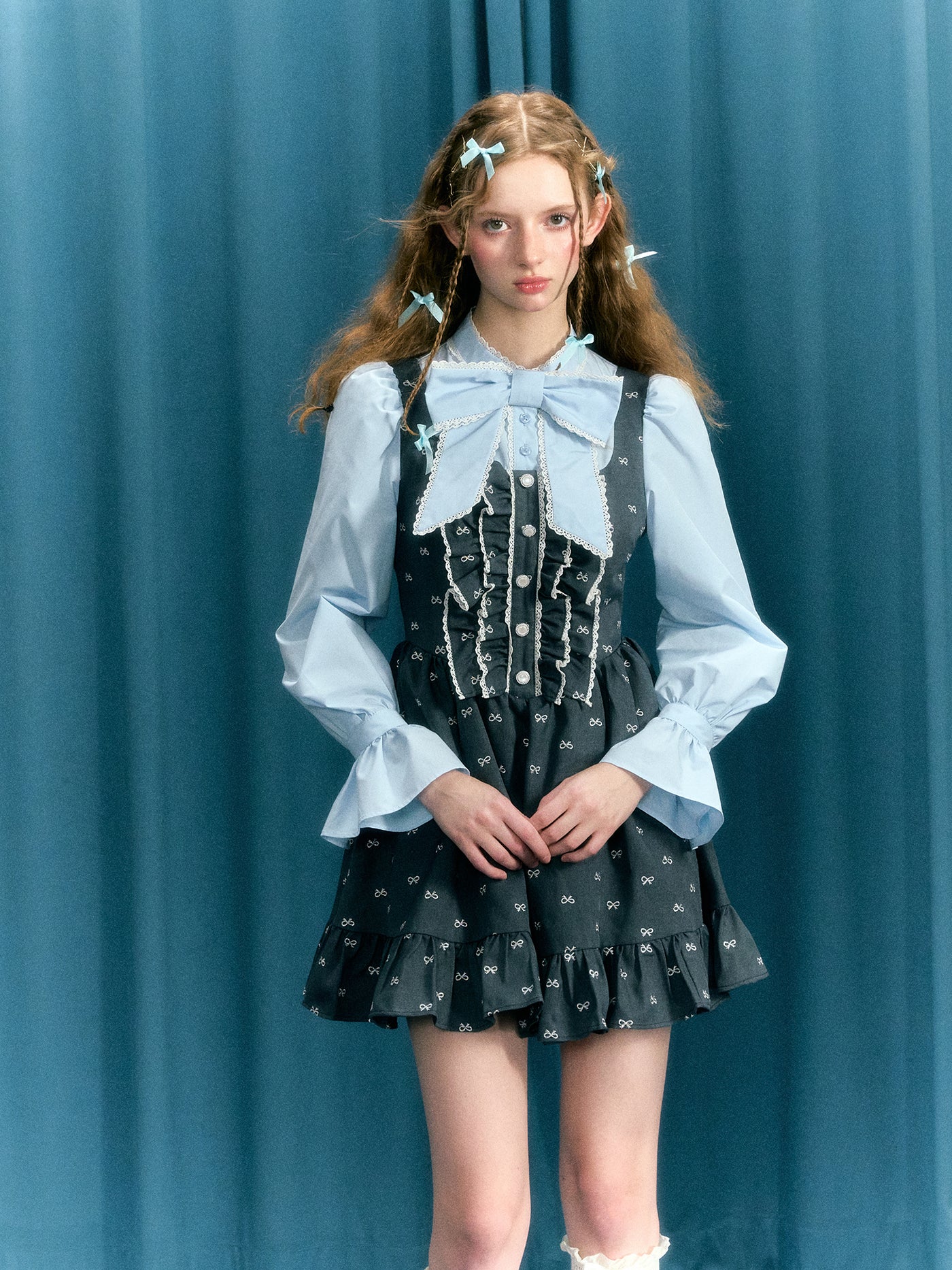 Blue-gray Bow Puff Sleeves Fake Two-piece Tutu Skirt Dress NAR0040