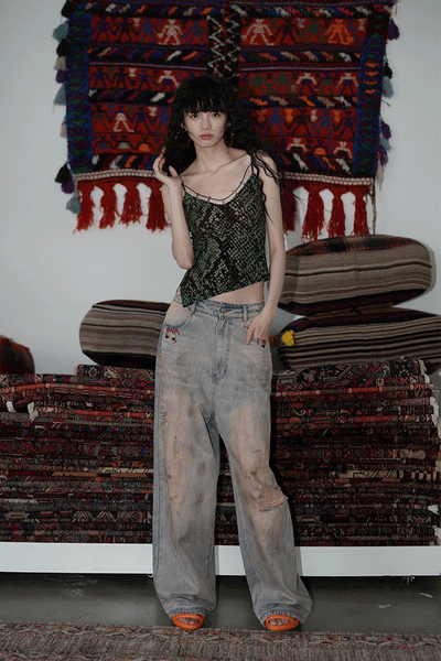 Ripped Floor-Mopping Wide-Leg Jeans BAD0017