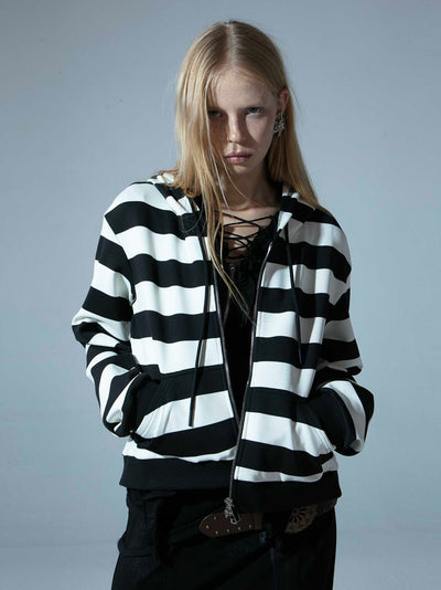 Bold Striped Double Zip Retro Hoodie Top DOU0062