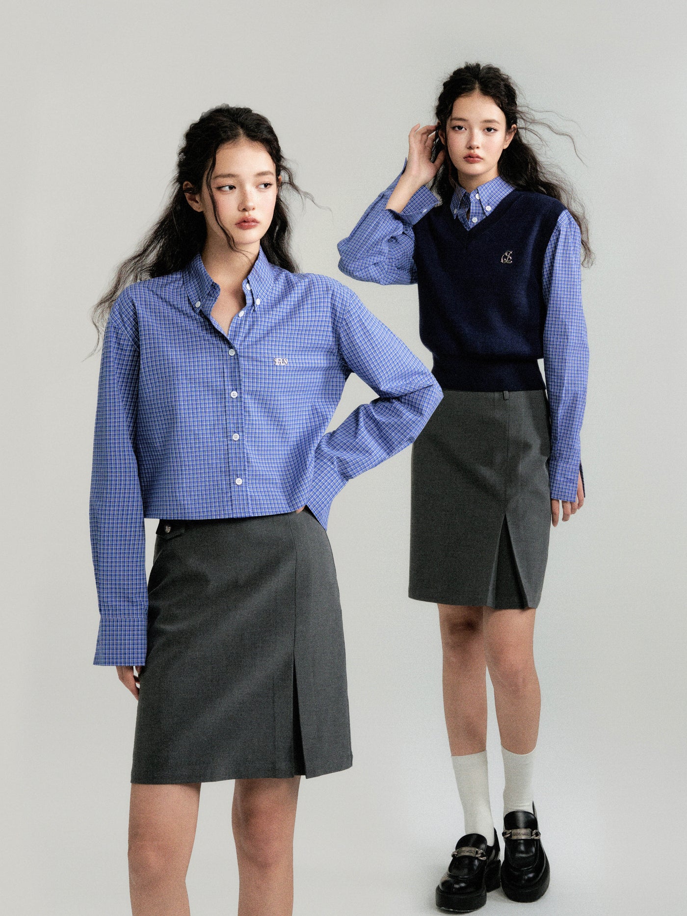 Blue plaid cropped cotton shirt LUL0094